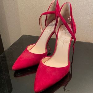 Jessica Simpson red suede heels with ankle strap